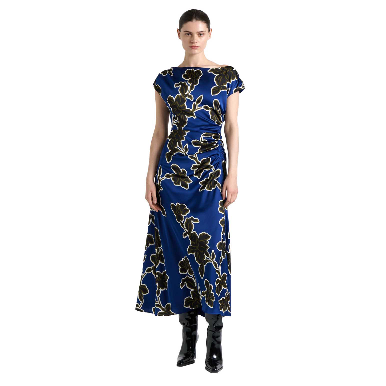 Cue Cobalt Illustrated Floral Satin Draped Midi Dress